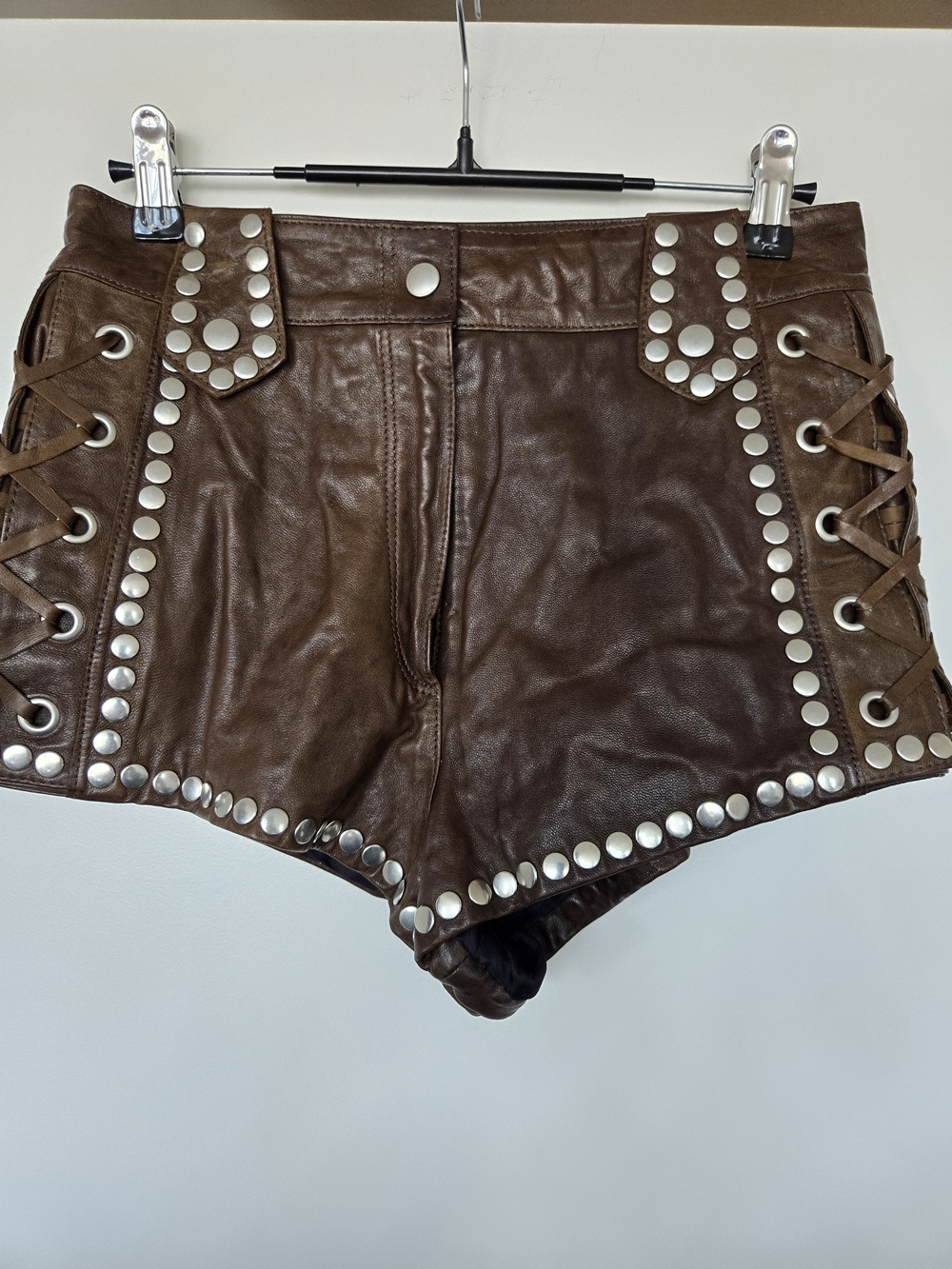 Rare H&M Studded Lace-Up Brown Leather Women's Shorts